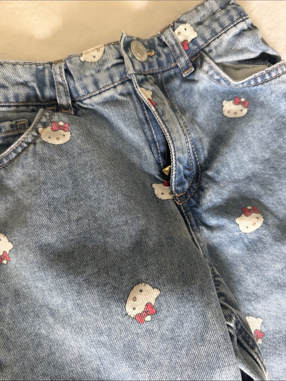 Light blue denim hello kitty wide leg printed jeans